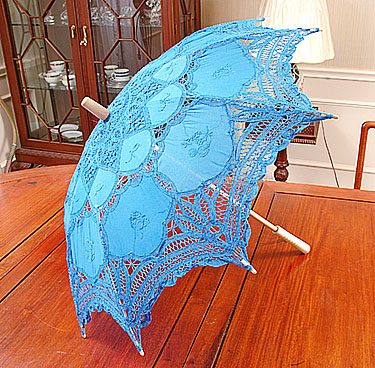 French Blue battenburg lace parasols. 16" ( 32" Full Open)